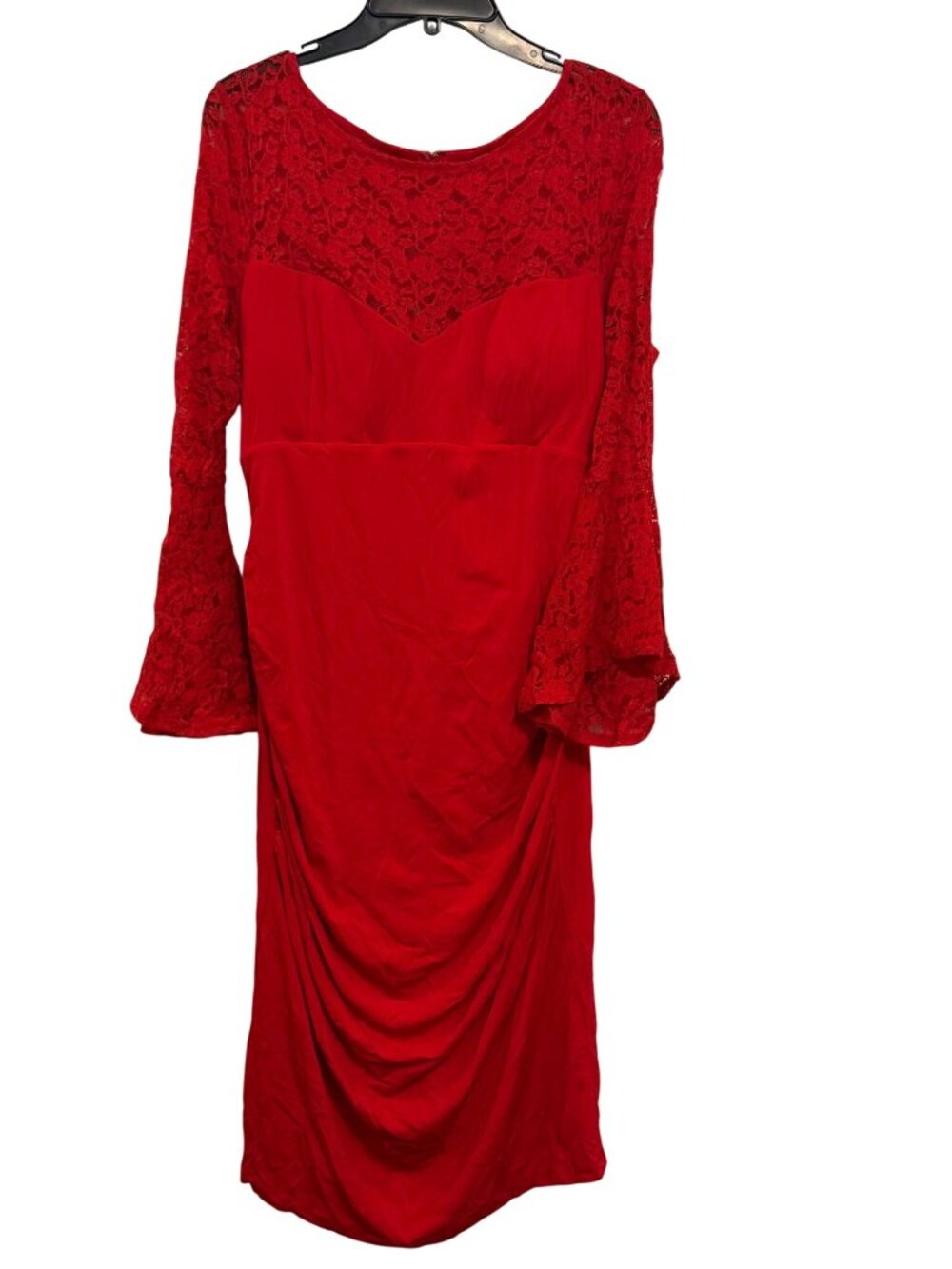 INC Red Lace Long Sleeve Dress With Bell Sleeves & Draped Detail Size Large